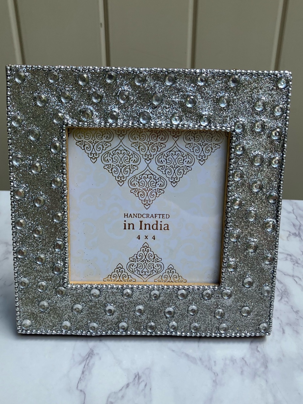 Made in India jeweled silver square 4 x 4 photo frame